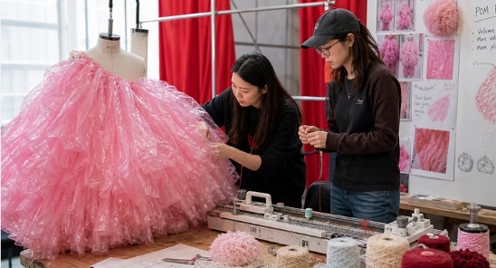 Two makers working on a pink Pom Pom Suit in the studio